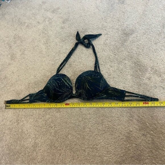 Victorias Secret navy blue green tropical leaf print rhinestone bikini top - Picture 9 of 10
